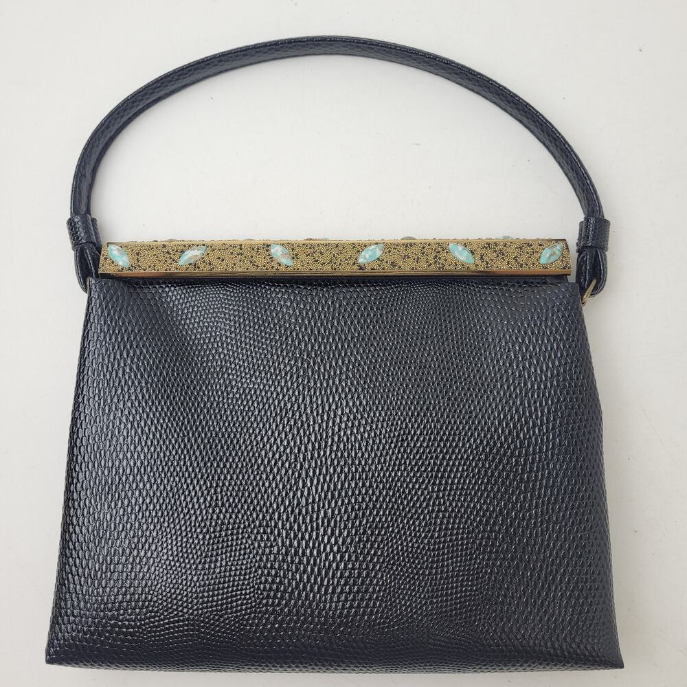 Vintage 1950s Black Lizard-Embossed Leather Evening Bag w Gold Tone Closure